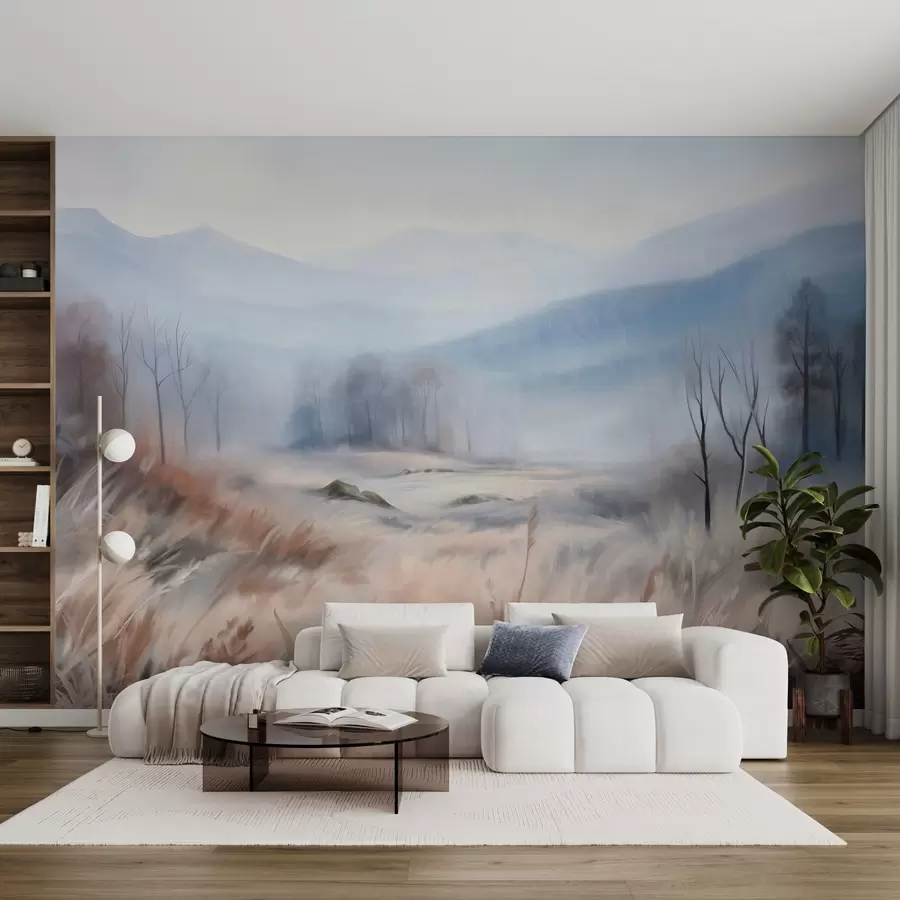 wall murals Textured landscape with dry grass in the foreground and trees in the background, with distance mountains w09542