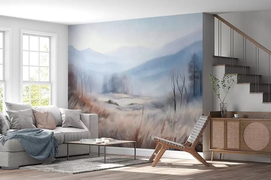 wall murals Textured landscape with dry grass in the foreground and trees in the background, with distance mountains w09542