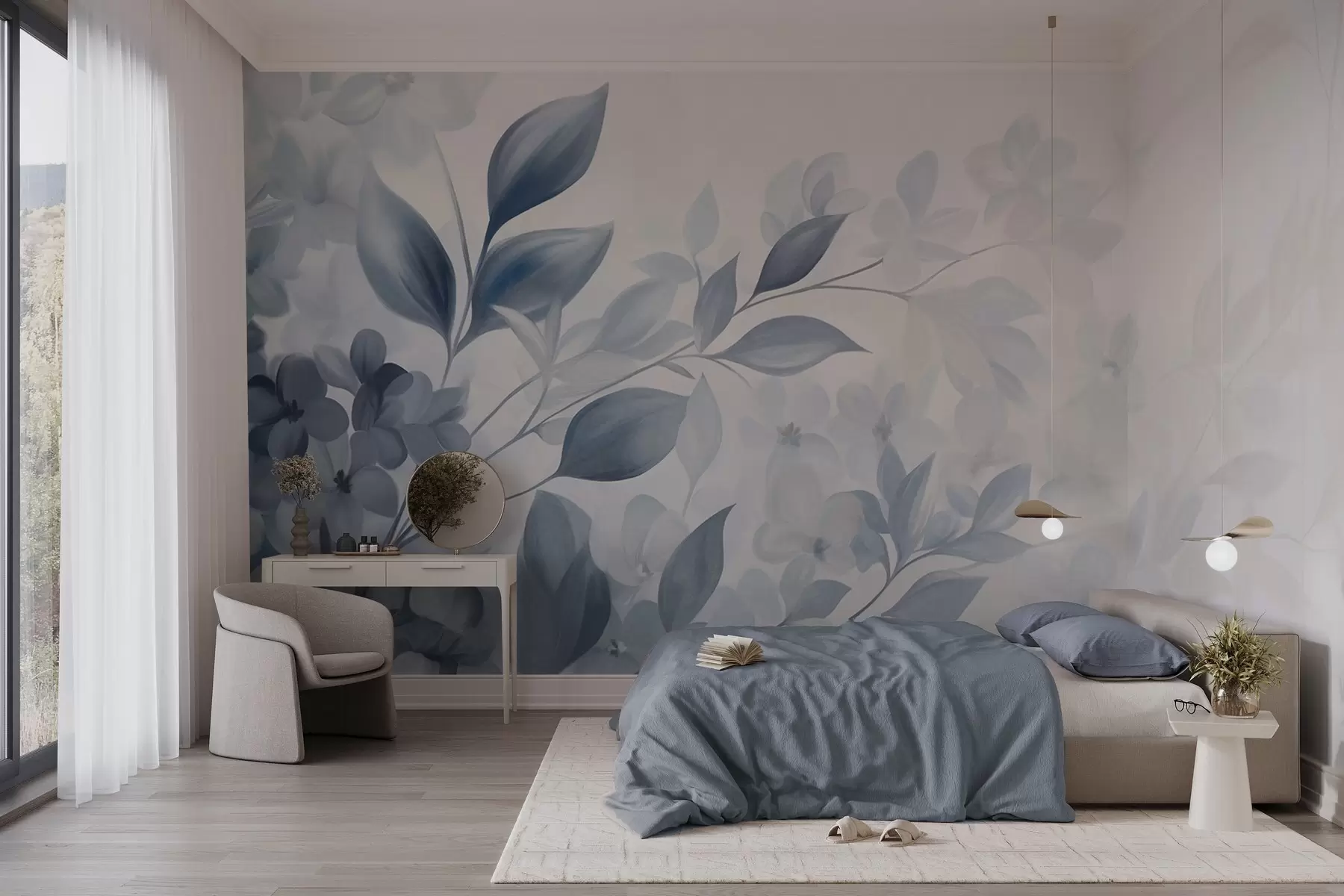 wall murals Textured blue and white branch with flowers and leaves fading into a light background watercolor painting style w09543