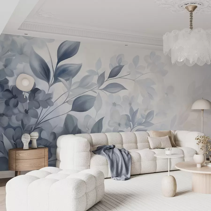 wall murals Textured blue and white branch with flowers and leaves fading into a light background watercolor painting style w09543