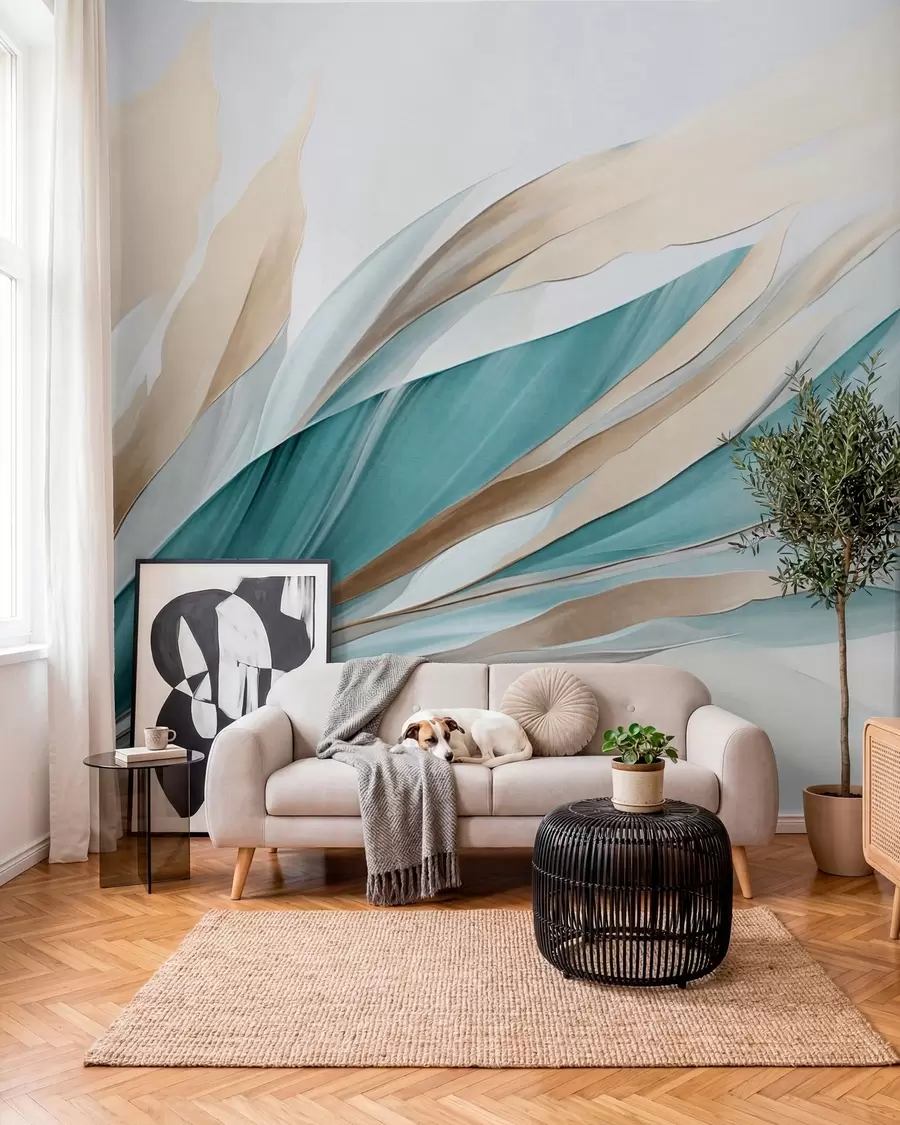 wall murals Abstract flowing waves of teal and yellow, with thin shapes and lines, against a white background, textured art w09585