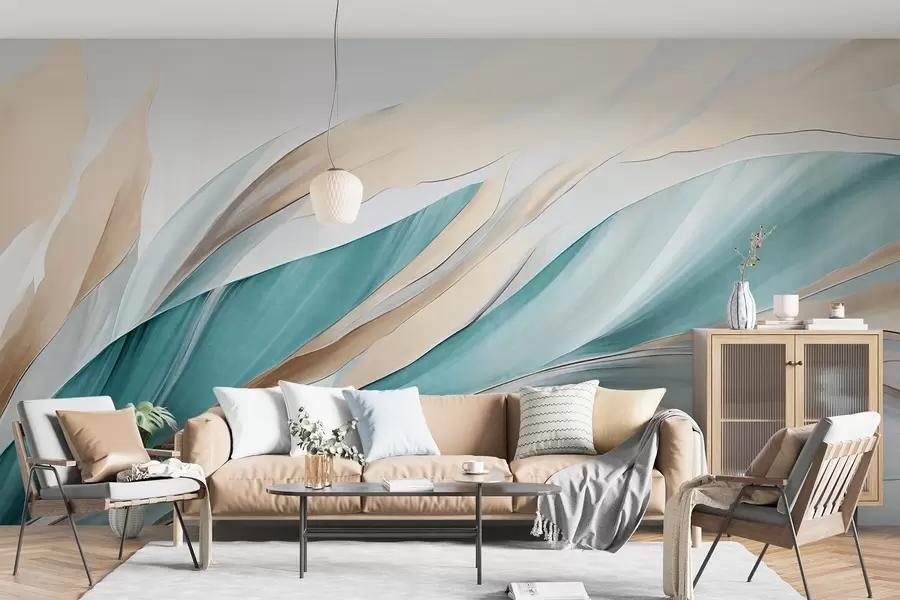 wall murals Abstract flowing waves of teal and yellow, with thin shapes and lines, against a white background, textured art w09585