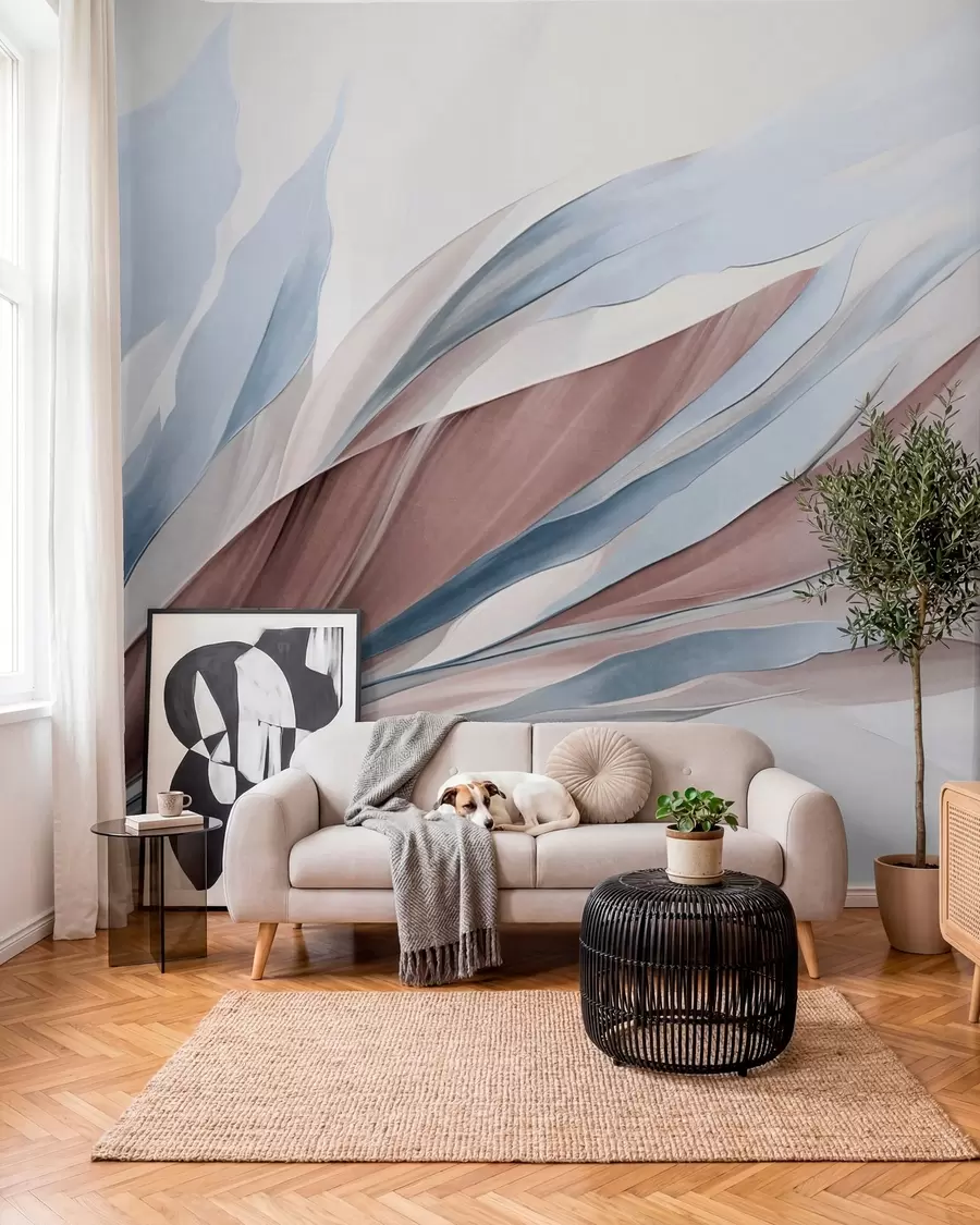 wall murals Abstract flowing waves of blue and brown, with thin shapes and lines, against a white background, textured art w09585v1