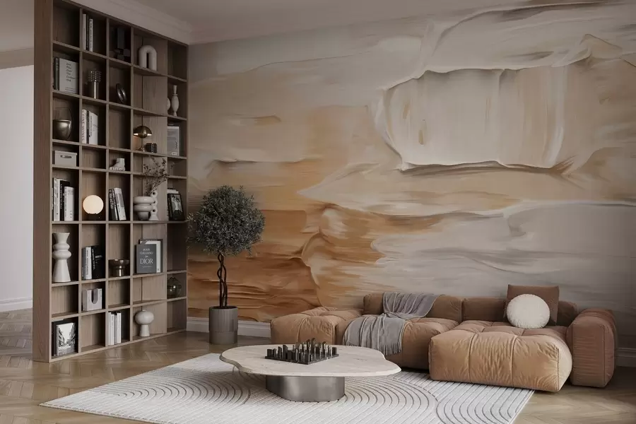 wall murals Abstract textured brushstrokes imitation in warm earthy tones of beige, cream and brown, modern art w09588