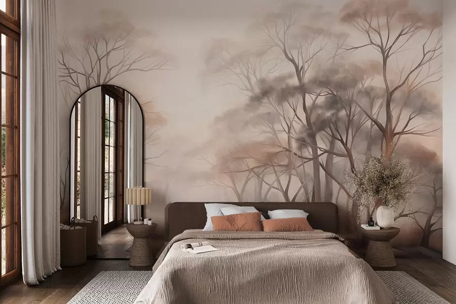 wall murals Textured trees in a hazy woodland, foggy landscape with subdued muted colors and gentle lighting w09609