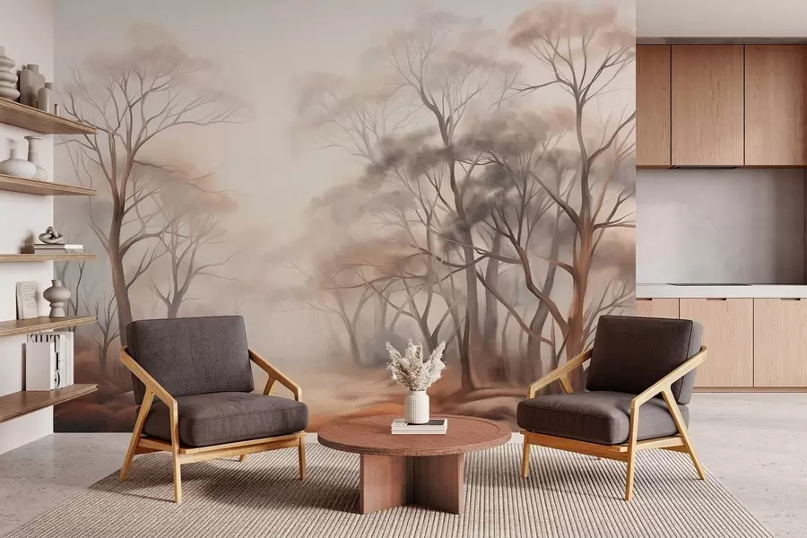 wall murals Textured trees in a hazy woodland, foggy landscape with subdued muted colors and gentle lighting w09609