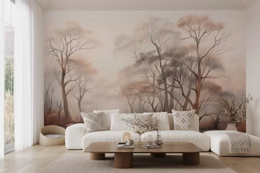 wall murals Textured trees in a hazy woodland, foggy landscape with subdued muted colors and gentle lighting w09609