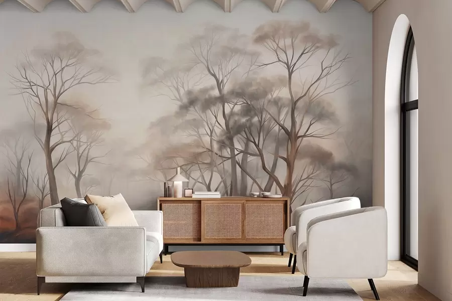 wall murals Textured trees in a hazy woodland, foggy landscape with subdued muted colors and gentle lighting w09609