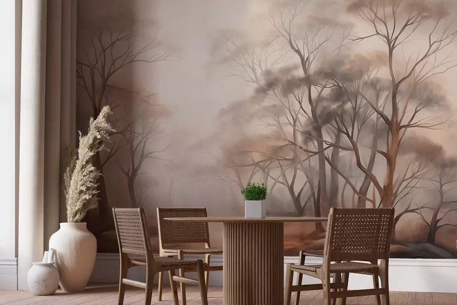 wall murals Textured trees in a hazy woodland, foggy landscape with subdued muted colors and gentle lighting w09609