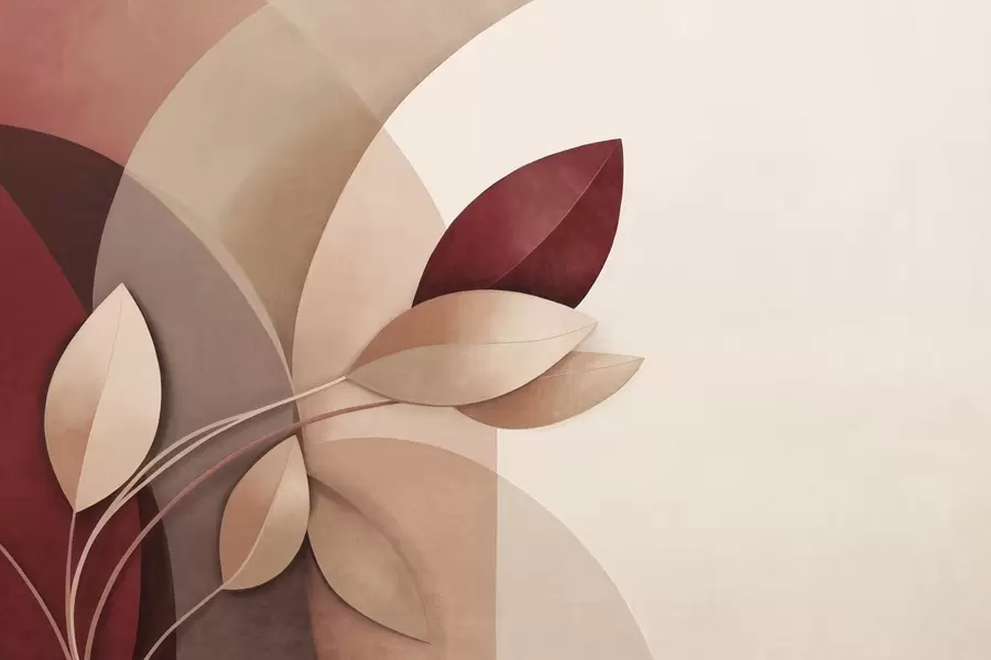 wall murals Abstract textured branch with leaves in shades of brown, beige and red, against a background of abstract shapes w09618