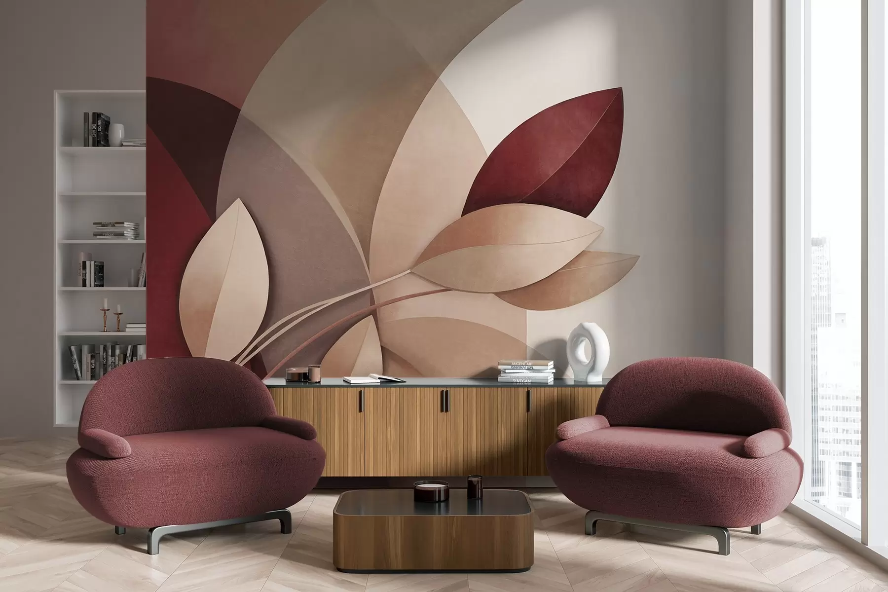 wall murals Abstract textured branch with leaves in shades of brown, beige and red, against a background of abstract shapes w09618
