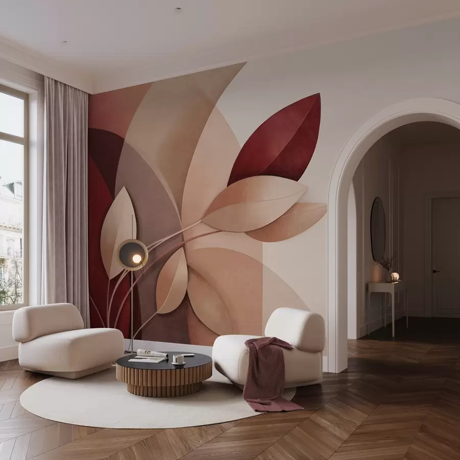 wall murals Abstract textured branch with leaves in shades of brown, beige and red, against a background of abstract shapes w09618