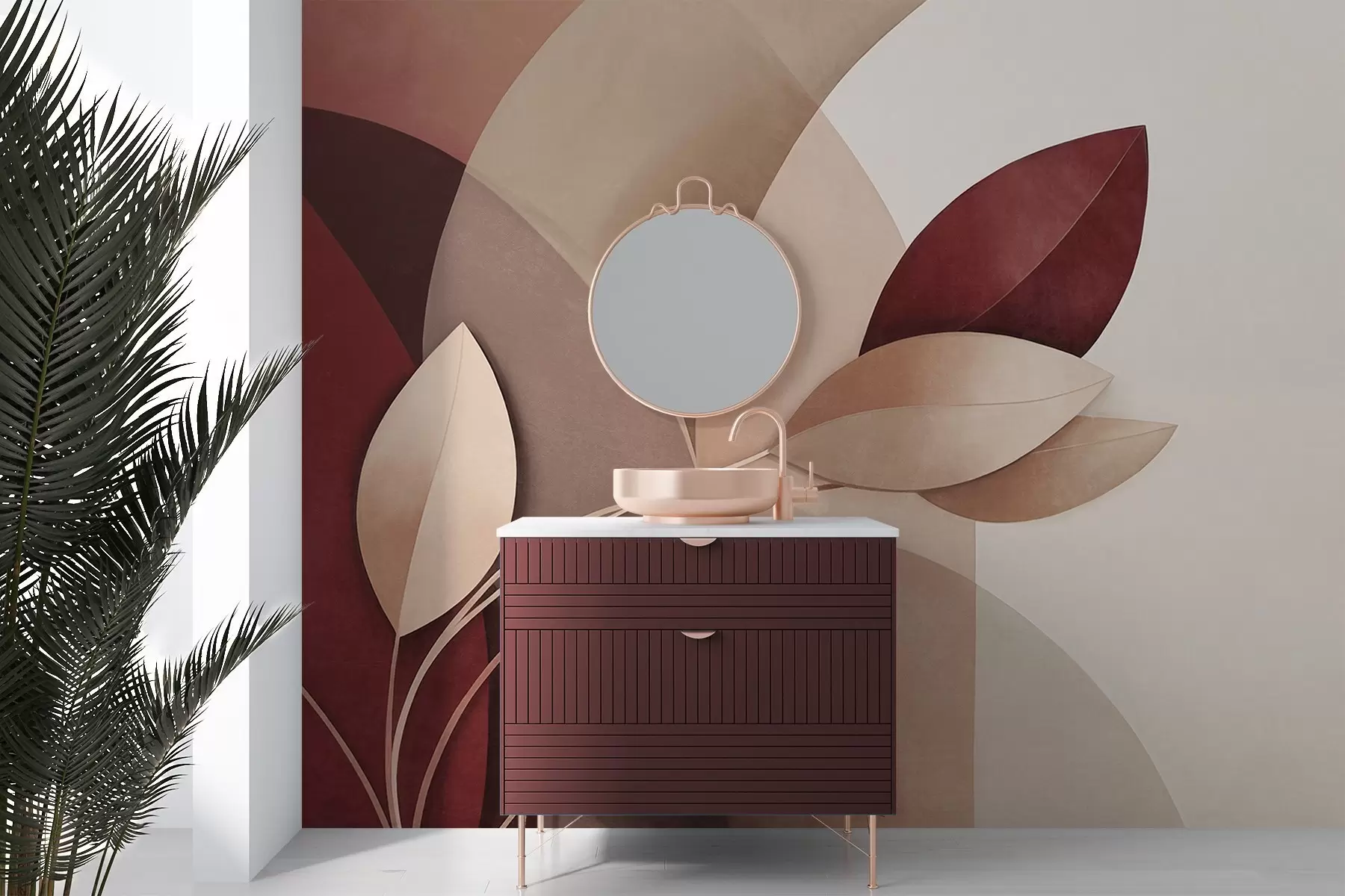 wall murals Abstract textured branch with leaves in shades of brown, beige and red, against a background of abstract shapes w09618