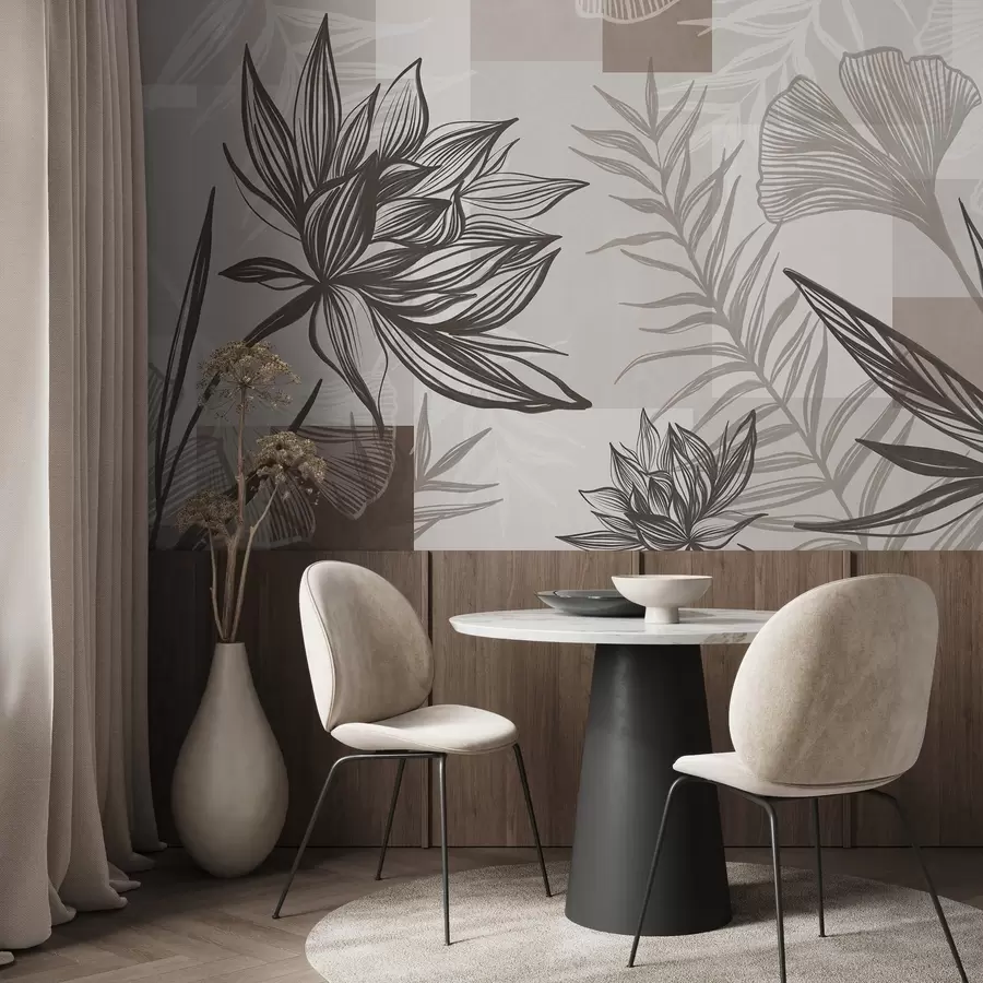 wall murals Textured stylized flowers and leaves in shades of brown and beige, with a geometric background, line art w09629