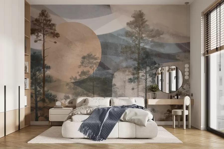 wall murals Tall pine trees in a muted textured landscape with abstract circular shapes and layered mountains in earthy tones w09636