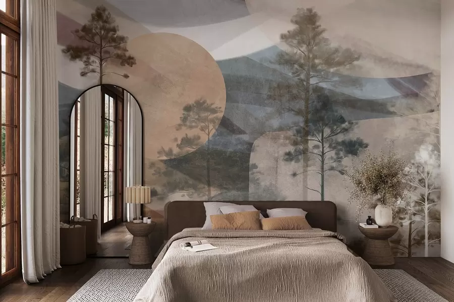 wall murals Tall pine trees in a muted textured landscape with abstract circular shapes and layered mountains in earthy tones w09636