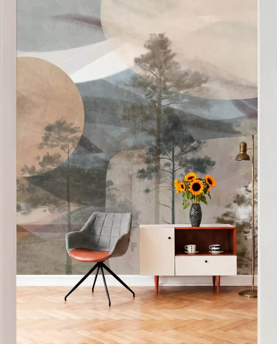 wall murals Tall pine trees in a muted textured landscape with abstract circular shapes and layered mountains in earthy tones w09636