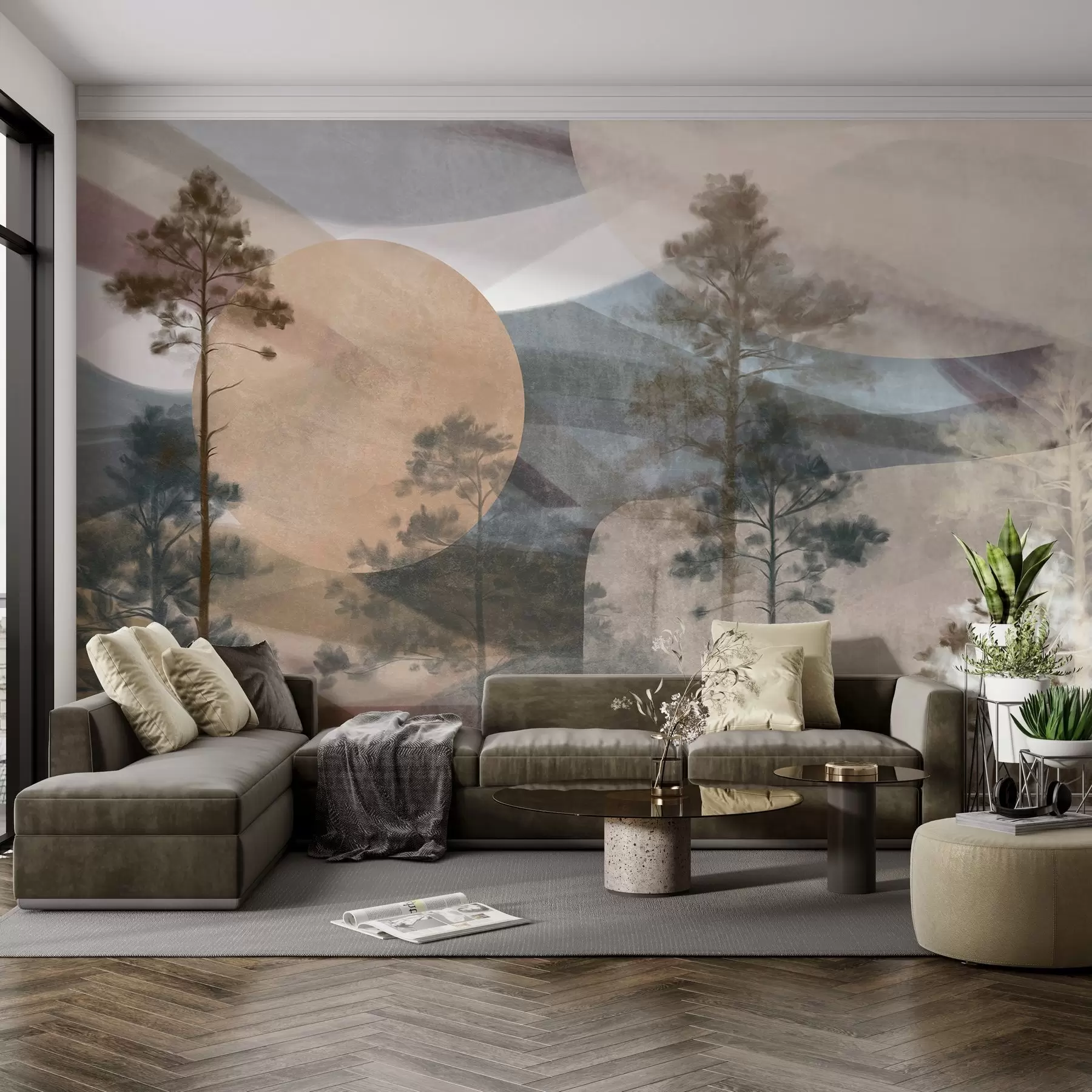 wall murals Tall pine trees in a muted textured landscape with abstract circular shapes and layered mountains in earthy tones w09636