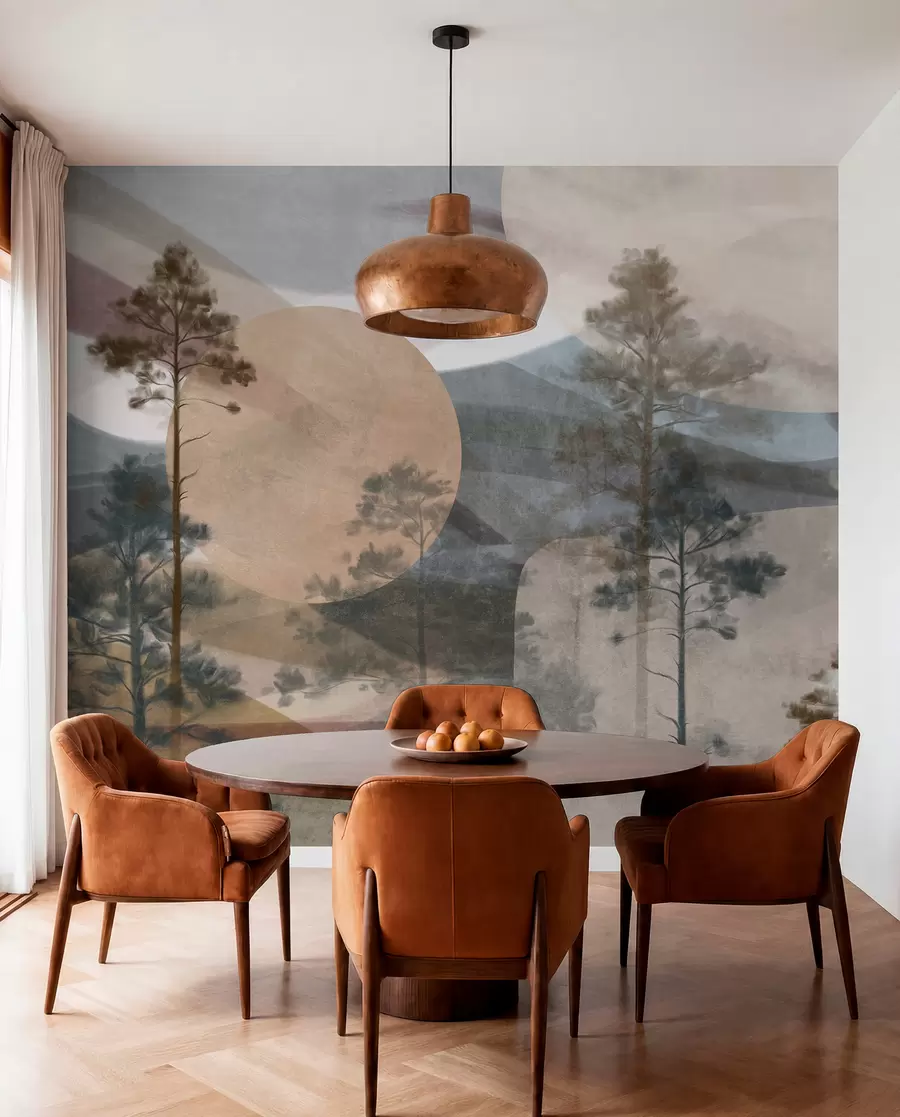 wall murals Tall pine trees in a muted textured landscape with abstract circular shapes and layered mountains in earthy tones w09636
