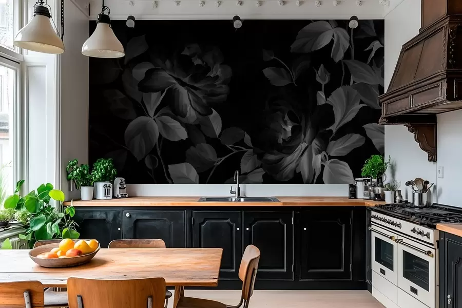 wall murals black and white picturesque roses in the style of oil painting  w04873v1