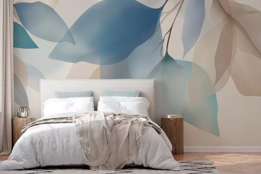 wall murals elegant semi-transparent leaves in shades of blue and beige w05060