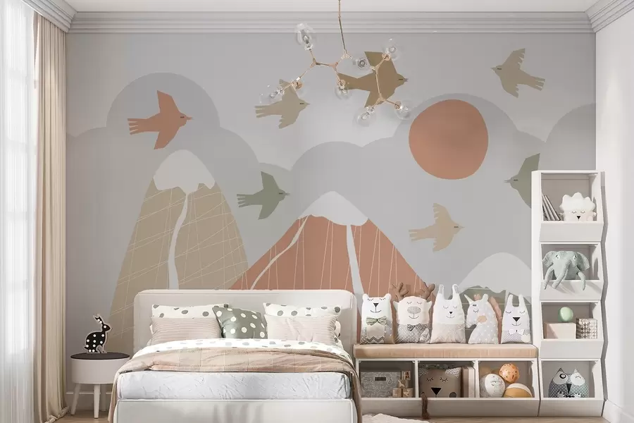 wall murals Scandinavian mountains and birds w05166