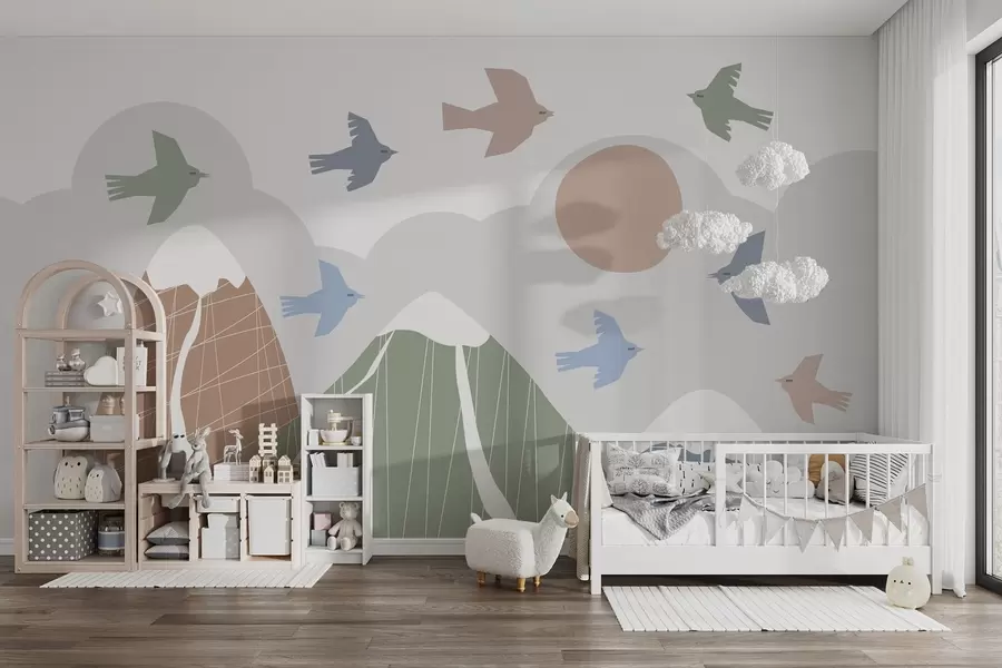 wall murals Scandinavian mountains and birds w05166v1