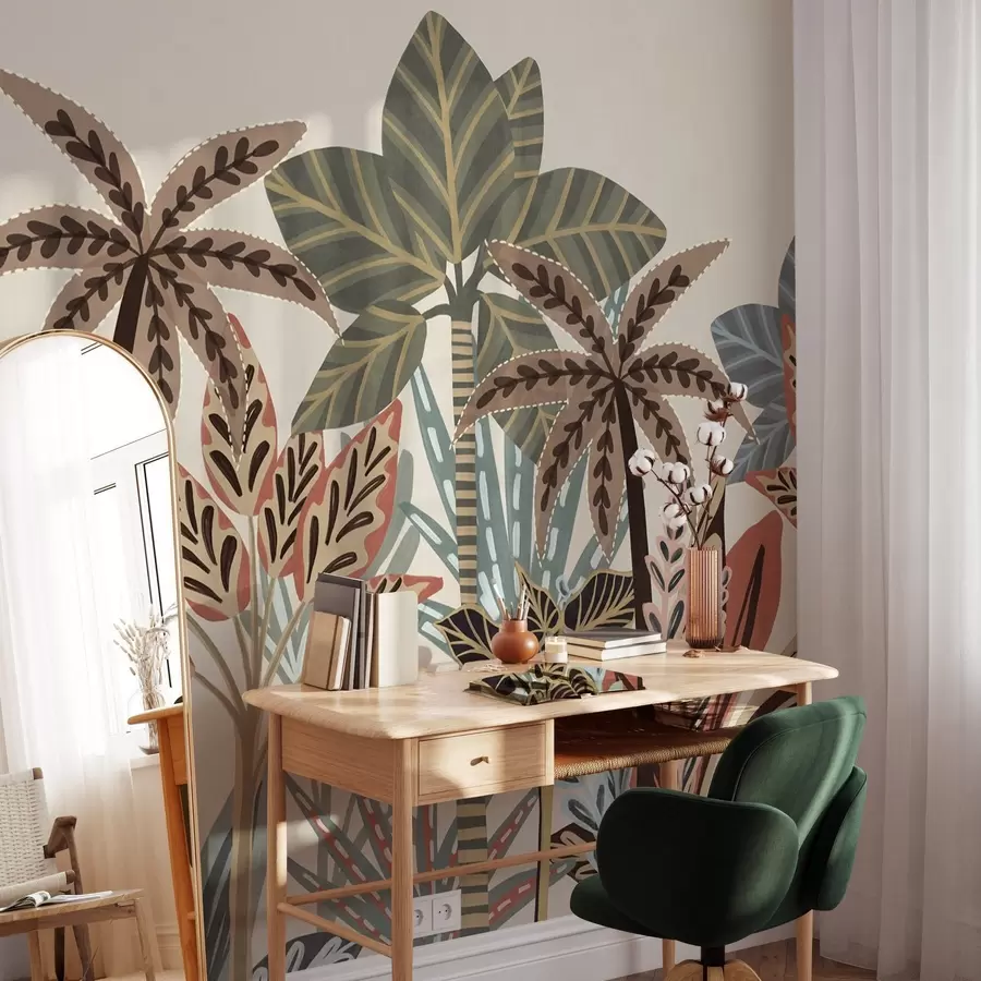 wall murals Textured tropical plants and palm trees with muted colors in decorative boho style against a cream background w09639