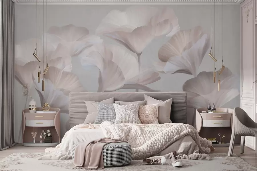 wall murals Pale peach textured translucent lotus flowers with delicate petals against a muted gray background w09640