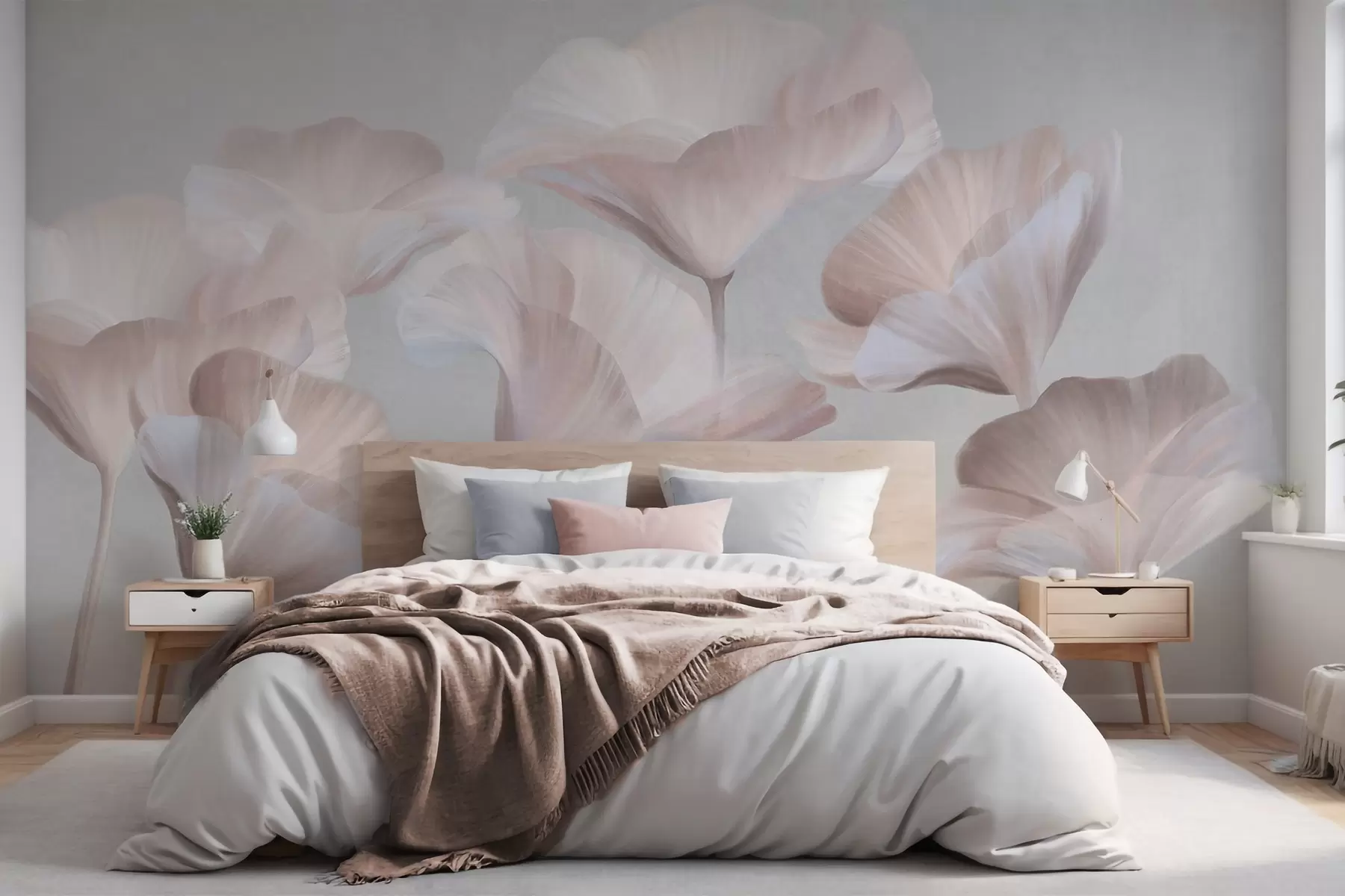 wall murals Pale peach textured translucent lotus flowers with delicate petals against a muted gray background w09640