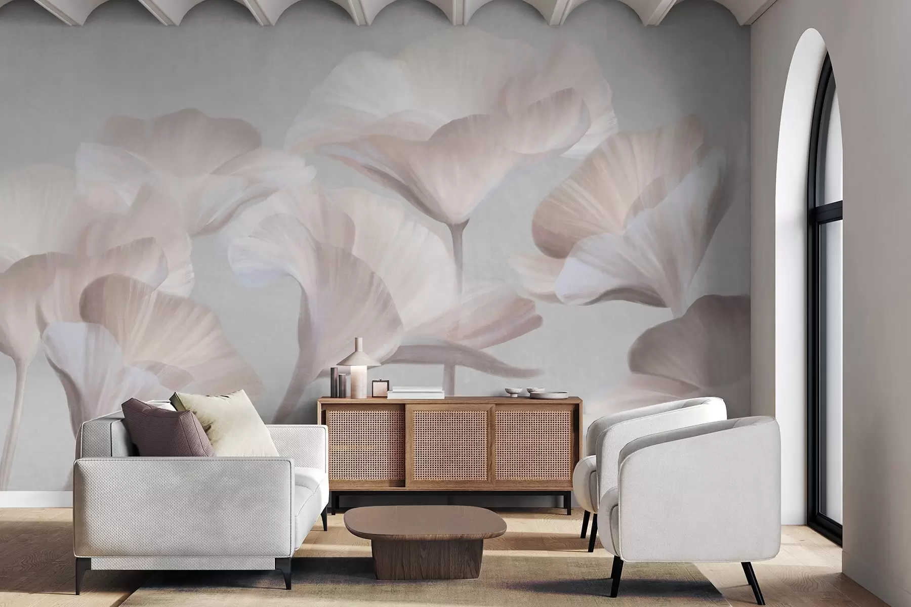 wall murals Pale peach textured translucent lotus flowers with delicate petals against a muted gray background w09640