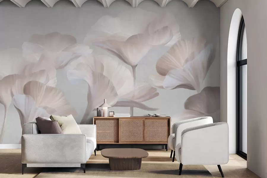 wall murals Pale peach textured translucent lotus flowers with delicate petals against a muted gray background w09640