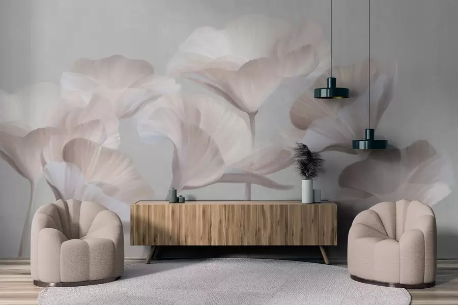 wall murals Pale peach textured translucent lotus flowers with delicate petals against a muted gray background w09640