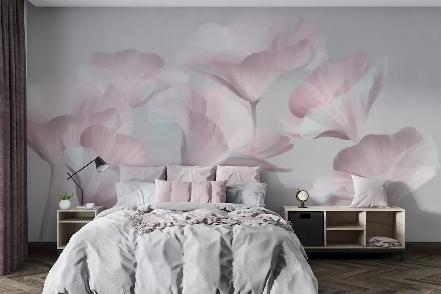 wall murals Pale pink textured translucent lotus flowers with delicate petals against a muted gray background w09640v1