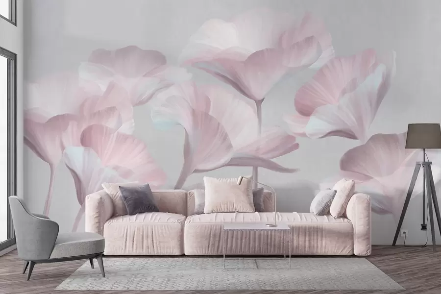 wall murals Pale pink textured translucent lotus flowers with delicate petals against a muted gray background w09640v1