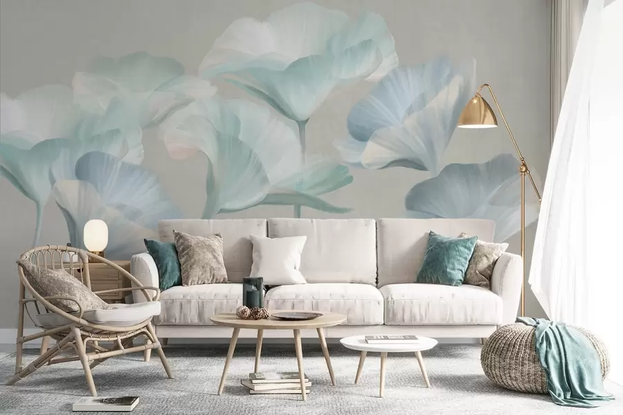 wall murals Pale turquoise textured translucent lotus flowers with delicate petals against a muted gray background w09640v2