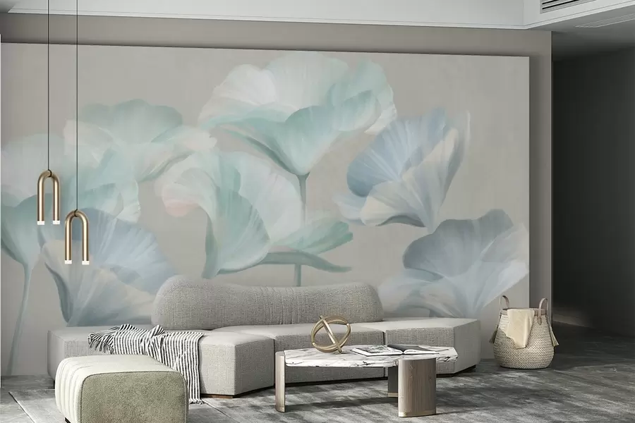 wall murals Pale turquoise textured translucent lotus flowers with delicate petals against a muted gray background w09640v2