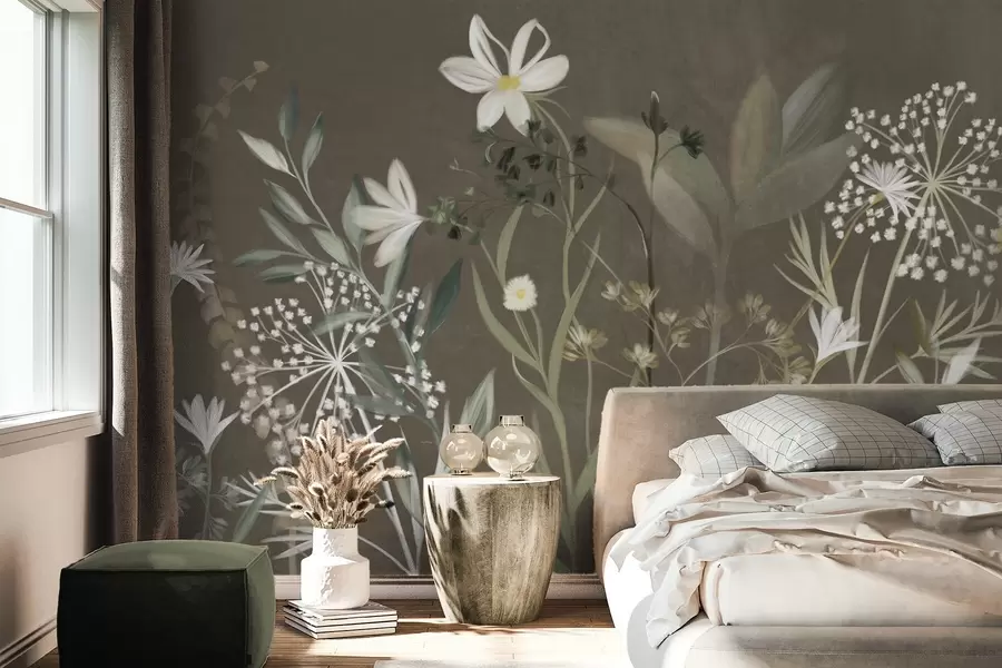 wall murals Delicate textured wildflowers and foliage in muted green and cream tones against a brown background w09641v1
