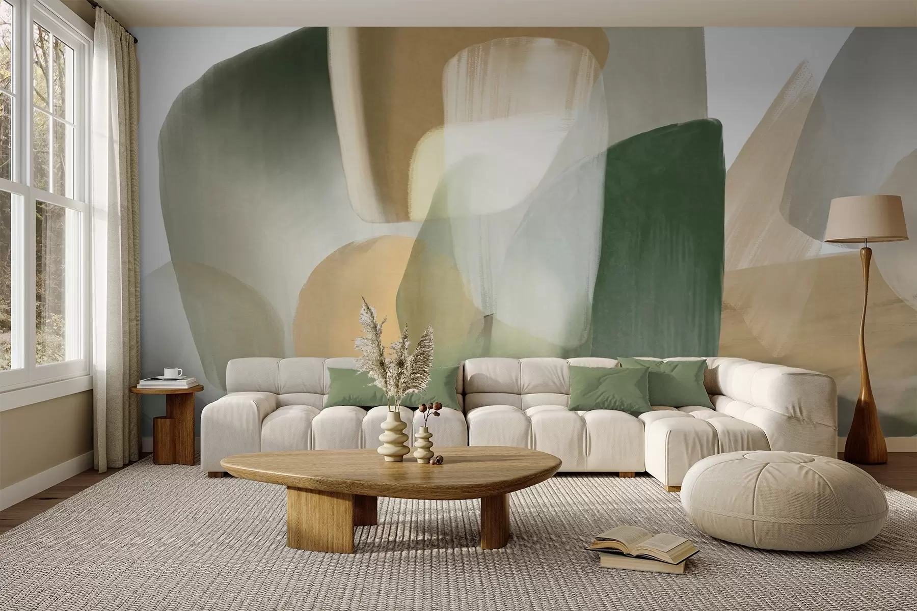 wall murals Abstract texrured shapes in muted green and beige colors, with soft edges and overlapping layers w09642