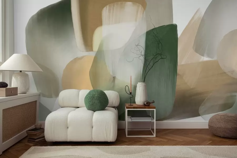 wall murals Abstract texrured shapes in muted green and beige colors, with soft edges and overlapping layers w09642