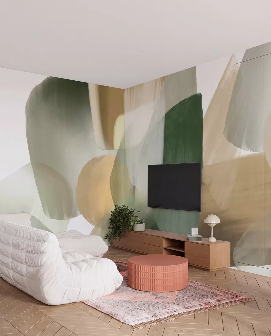 wall murals Abstract texrured shapes in muted green and beige colors, with soft edges and overlapping layers w09642