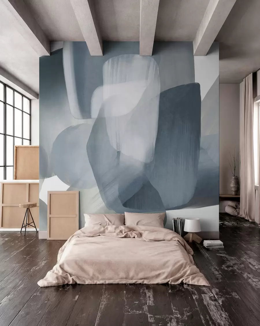 wall murals Abstract texrured shapes in muted blue and gray colors, with soft edges and overlapping layers w09642v1