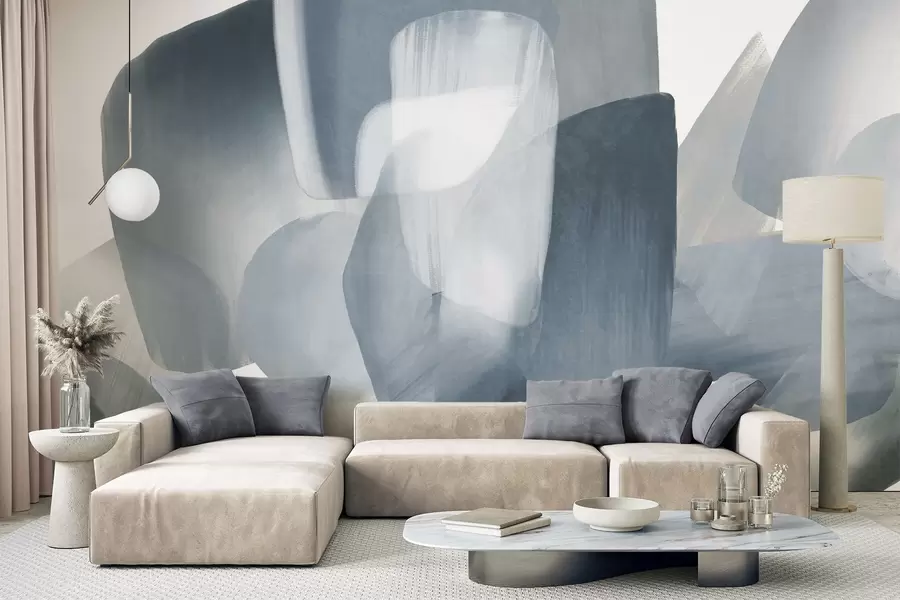 wall murals Abstract texrured shapes in muted blue and gray colors, with soft edges and overlapping layers w09642v1