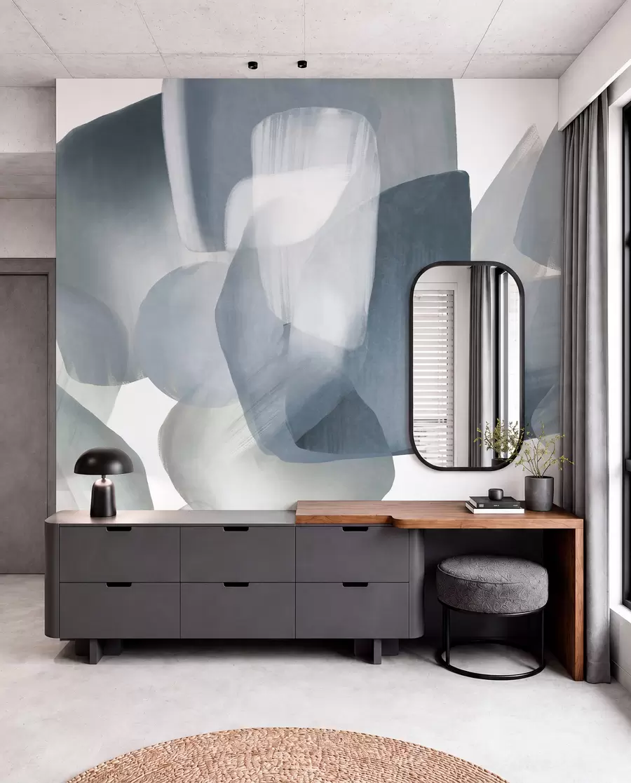 wall murals Abstract texrured shapes in muted blue and gray colors, with soft edges and overlapping layers w09642v1