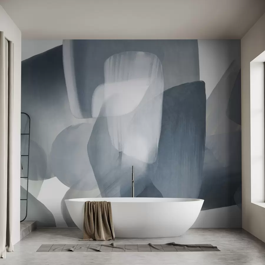 wall murals Abstract texrured shapes in muted blue and gray colors, with soft edges and overlapping layers w09642v1
