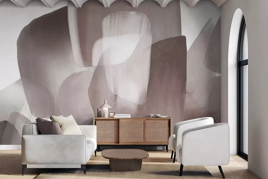wall murals Abstract texrured shapes in muted burgundy and gray colors, with soft edges and overlapping layers w09642v2