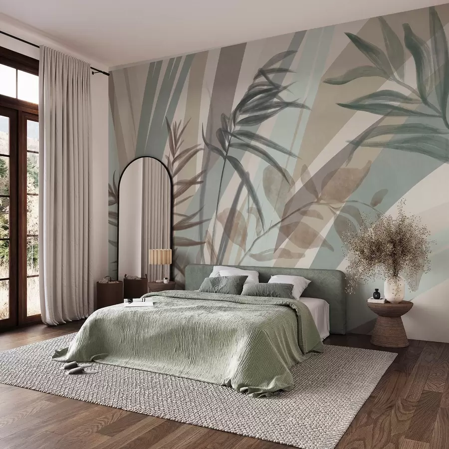 wall murals Tall textured grass and leaves in muted earth tones, with abstract lines in the background, creating organic print w09643