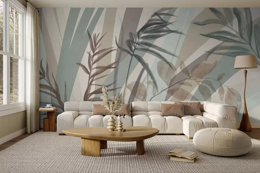 wall murals Tall textured grass and leaves in muted earth tones, with abstract lines in the background, creating organic print w09643