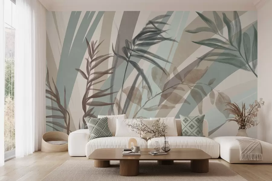 wall murals Tall textured grass and leaves in muted earth tones, with abstract lines in the background, creating organic print w09643