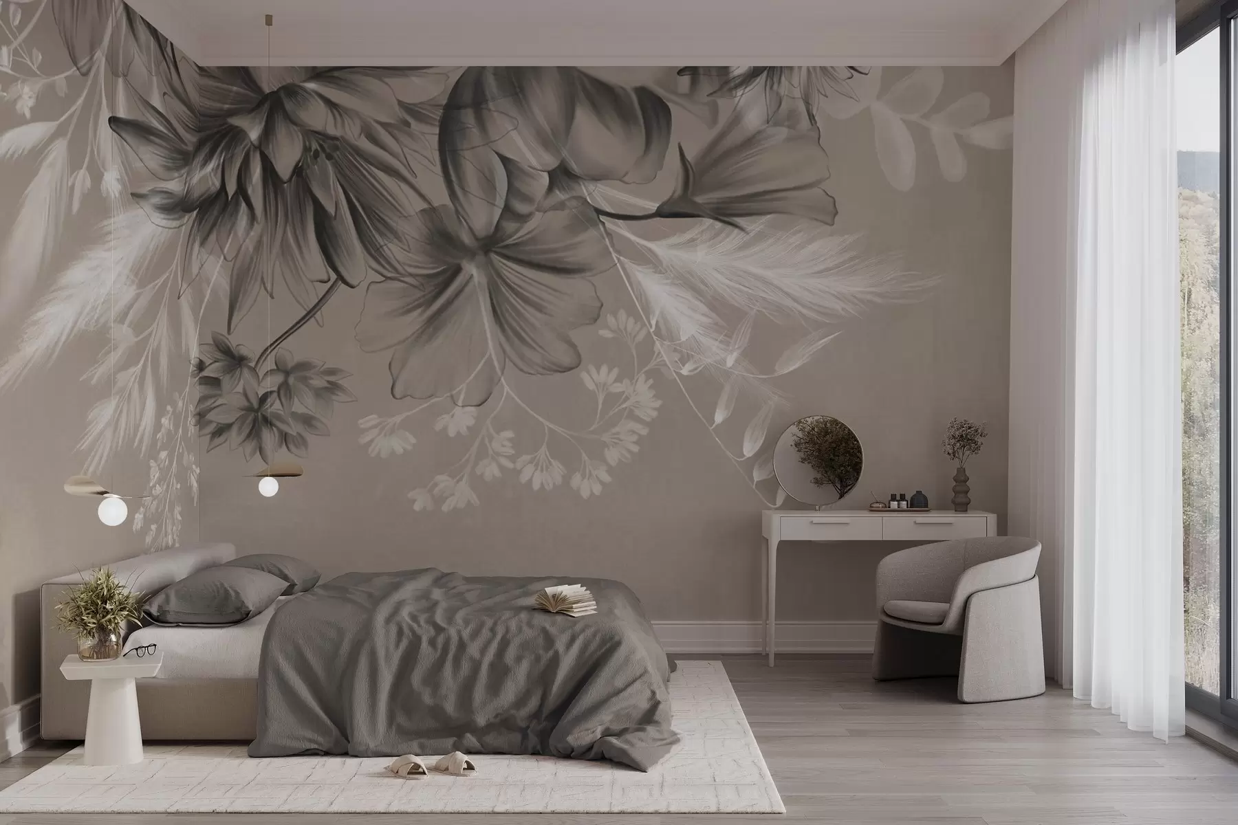 wall murals Textured flowers and ferns in shades of dark gray and white against a muted beige background drawing style w09644